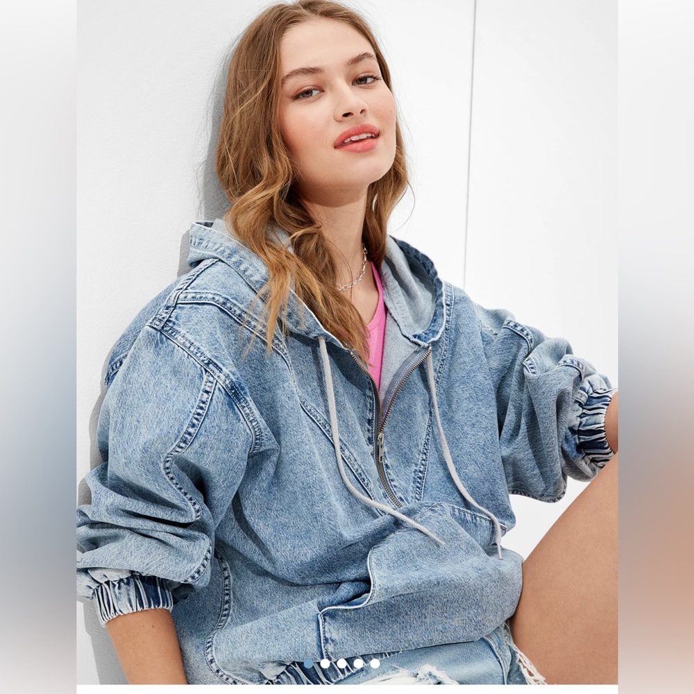 American Eagle Outfitters Light Blue Denim Hoodie Cotton Half Zip